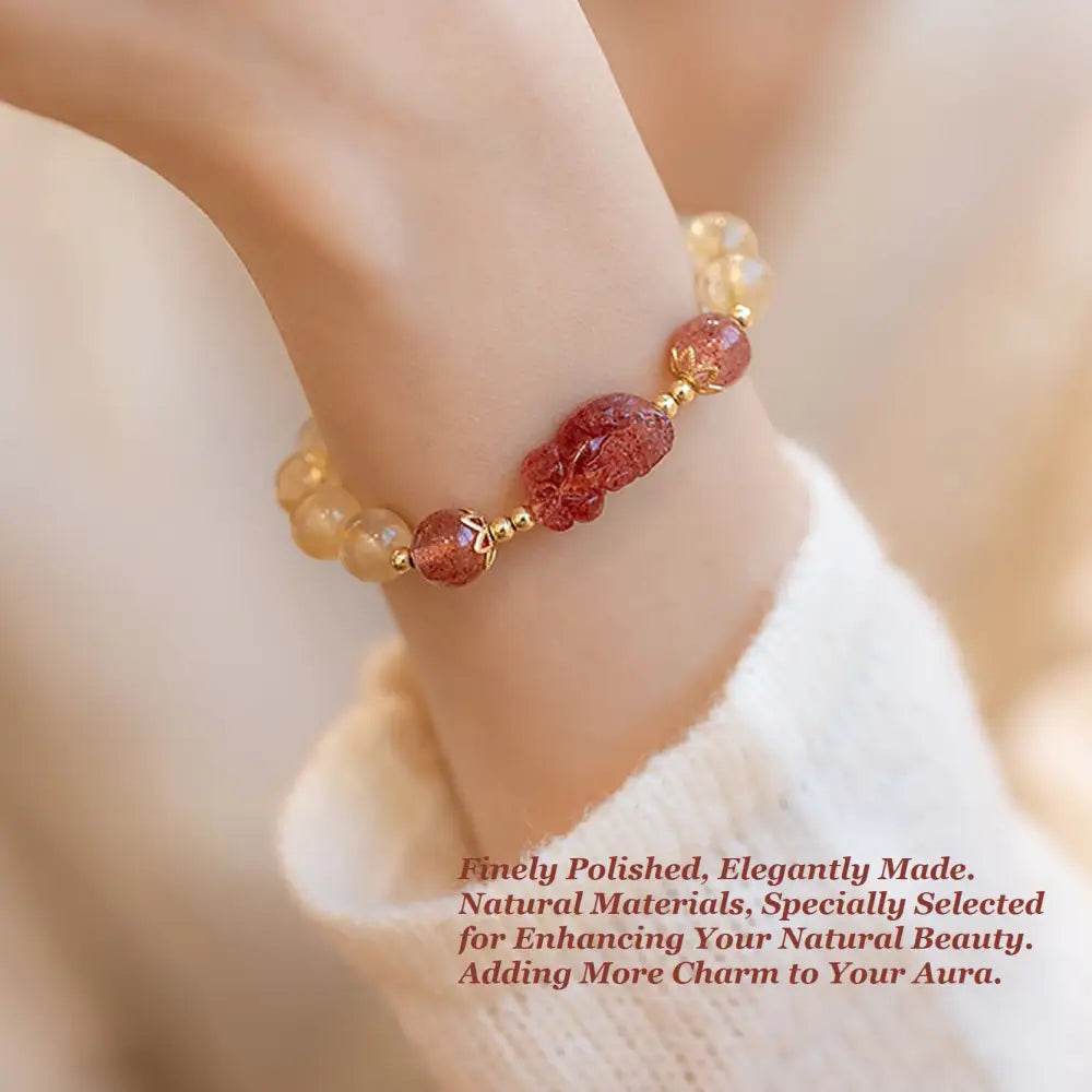 Gold Rutilated Crystal Pi Xiu Bracelet Strawberry Pi Yao Feng Shui Bracelet Hair of Venus Natural Gem Wealth Amulet - Loton Decor