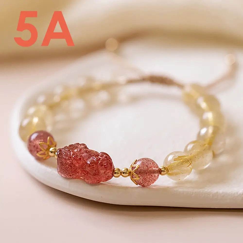 Gold Rutilated Crystal Pi Xiu Bracelet Strawberry Pi Yao Feng Shui Bracelet Hair of Venus Natural Gem Wealth Amulet - Loton Decor