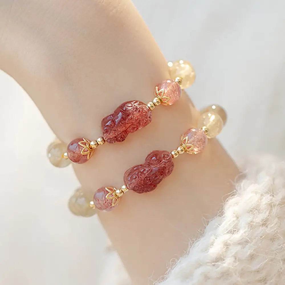 Gold Rutilated Crystal Pi Xiu Bracelet Strawberry Pi Yao Feng Shui Bracelet Hair of Venus Natural Gem Wealth Amulet - Loton Decor