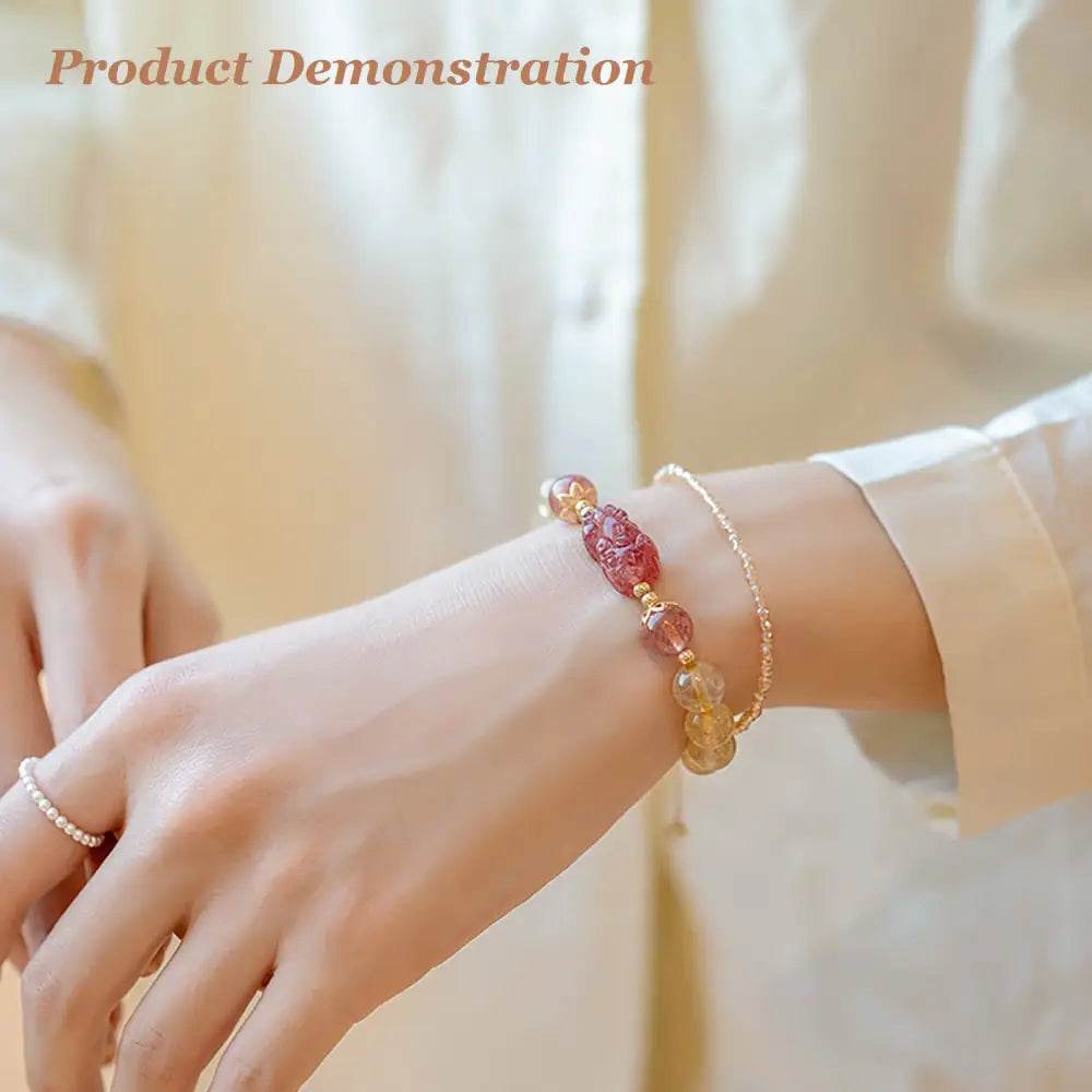 Gold Rutilated Crystal Pi Xiu Bracelet Strawberry Pi Yao Feng Shui Bracelet Hair of Venus Natural Gem Wealth Amulet - Loton Decor