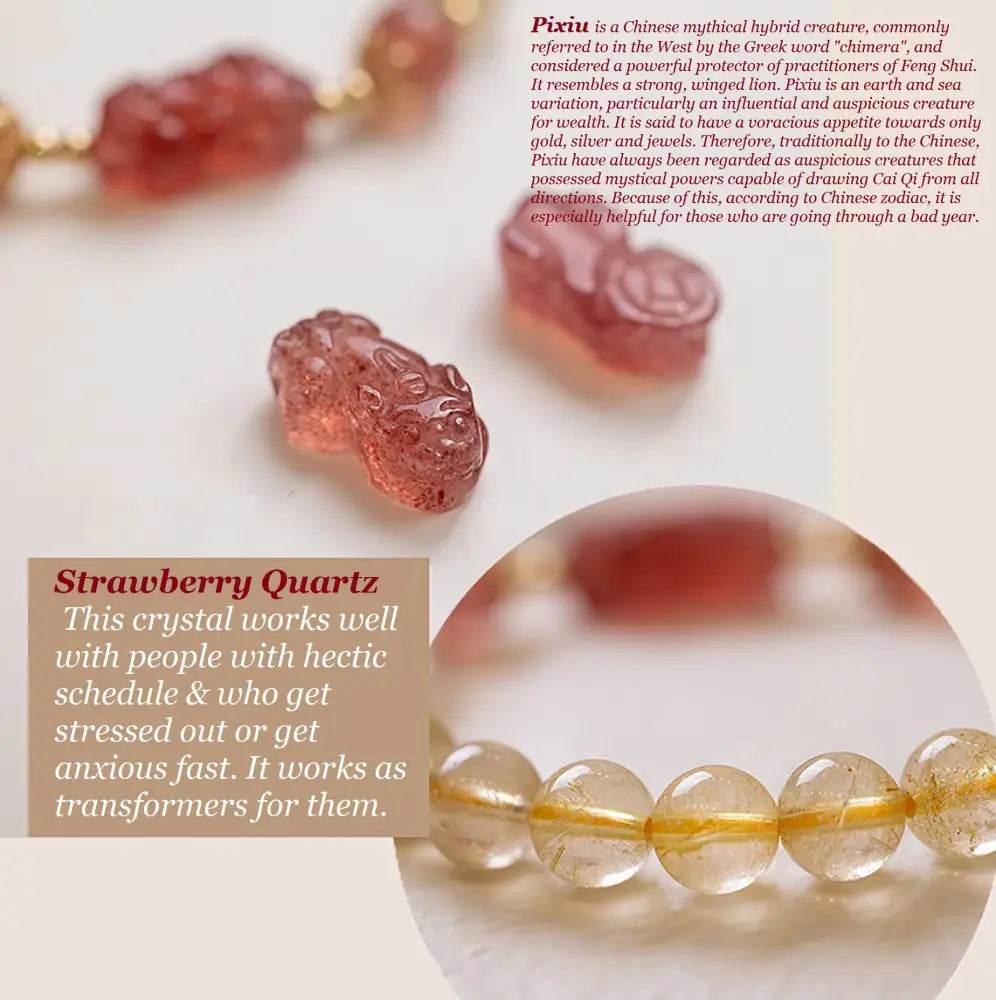 Gold Rutilated Crystal Pi Xiu Bracelet Strawberry Pi Yao Feng Shui Bracelet Hair of Venus Natural Gem Wealth Amulet - Loton Decor