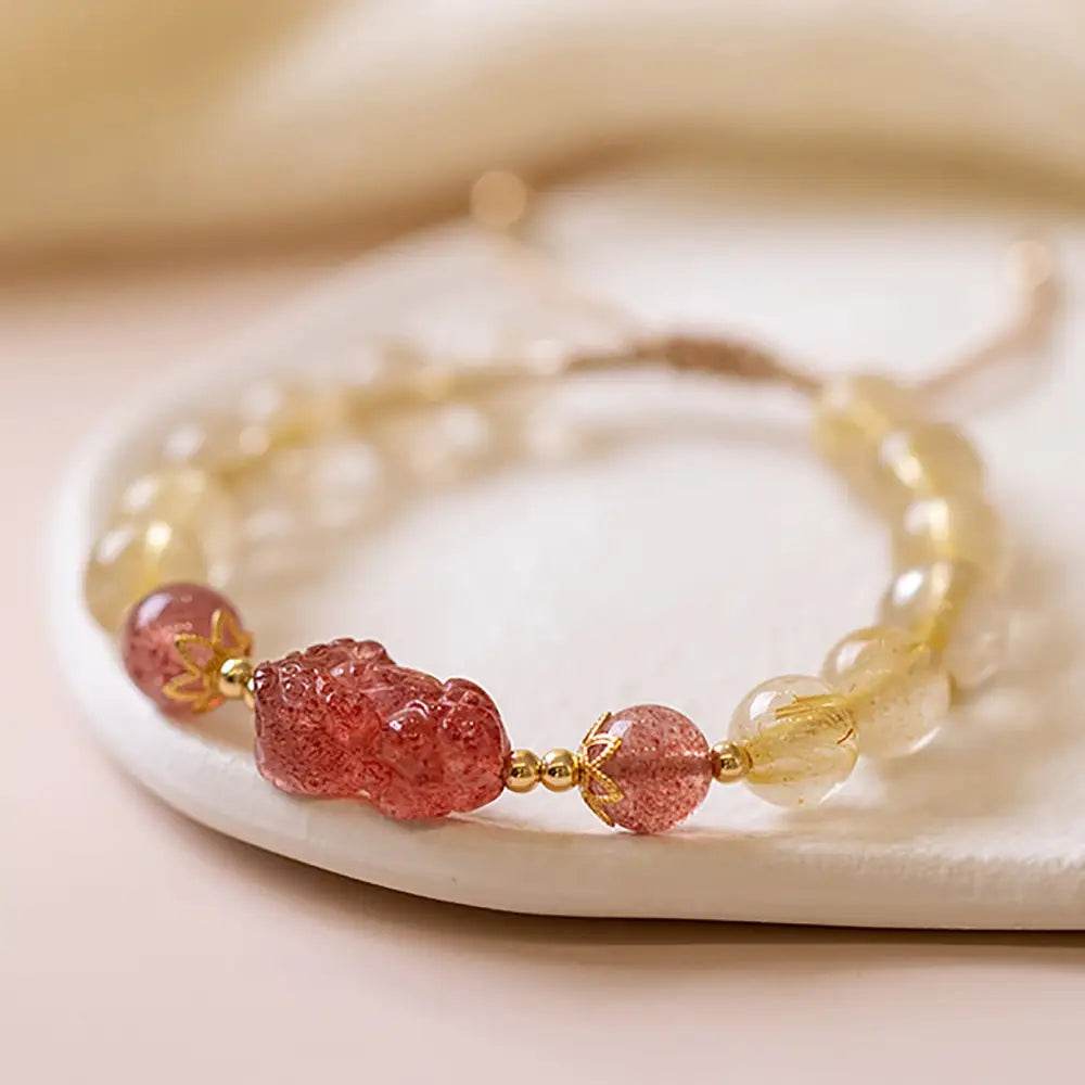 Gold Rutilated Crystal Pi Xiu Bracelet Strawberry Pi Yao Feng Shui Bracelet Hair of Venus Natural Gem Wealth Amulet - Loton Decor