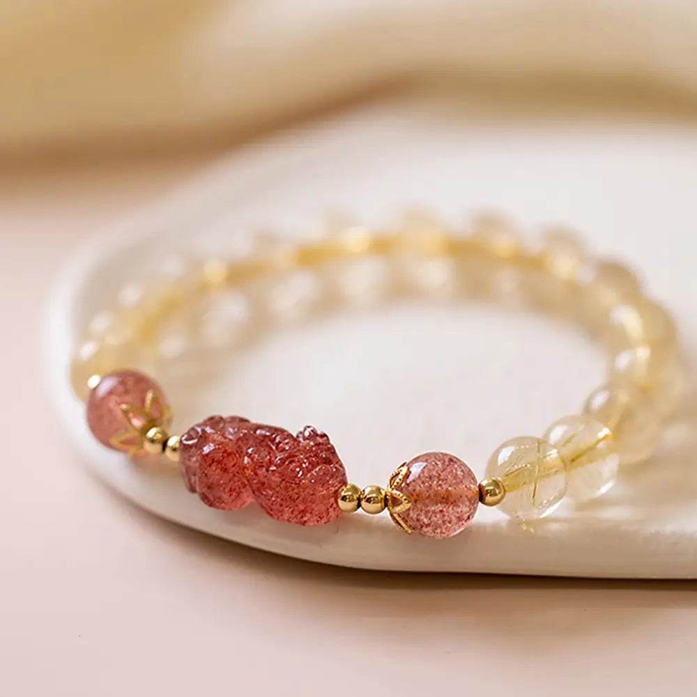 Gold Rutilated Crystal Pi Xiu Bracelet Strawberry Pi Yao Feng Shui Bracelet Hair of Venus Natural Gem Wealth Amulet - Loton Decor