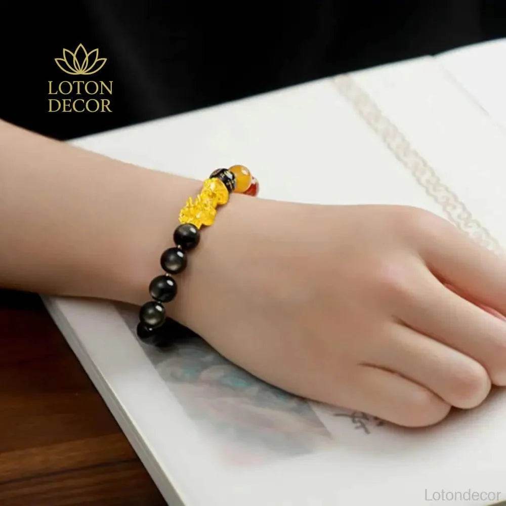 Golden Obsidian Pixiu Bracelet – Feng Shui Wealth Talisman - Loton Decor
