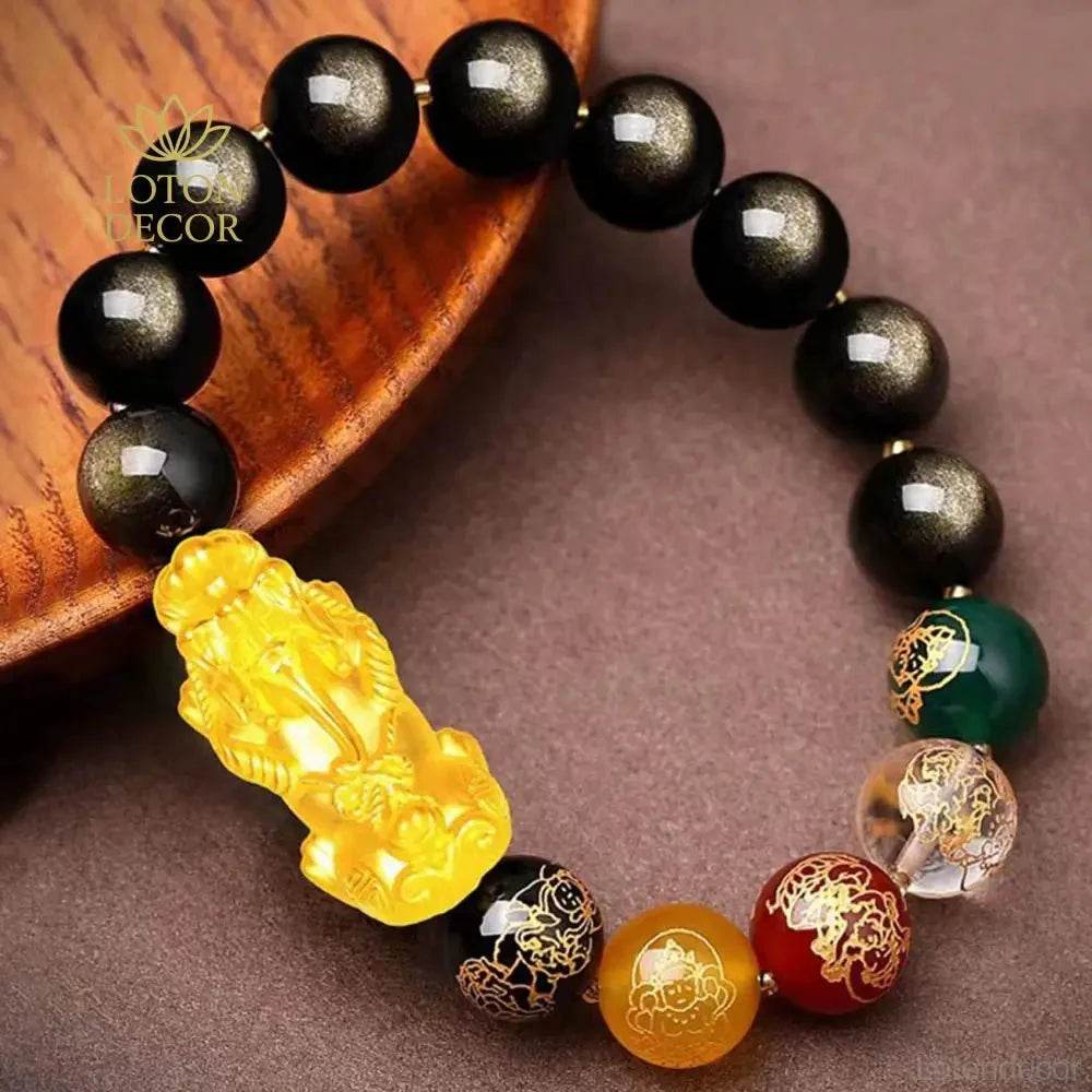 Golden Obsidian Pixiu Bracelet – Feng Shui Wealth Talisman - Loton Decor
