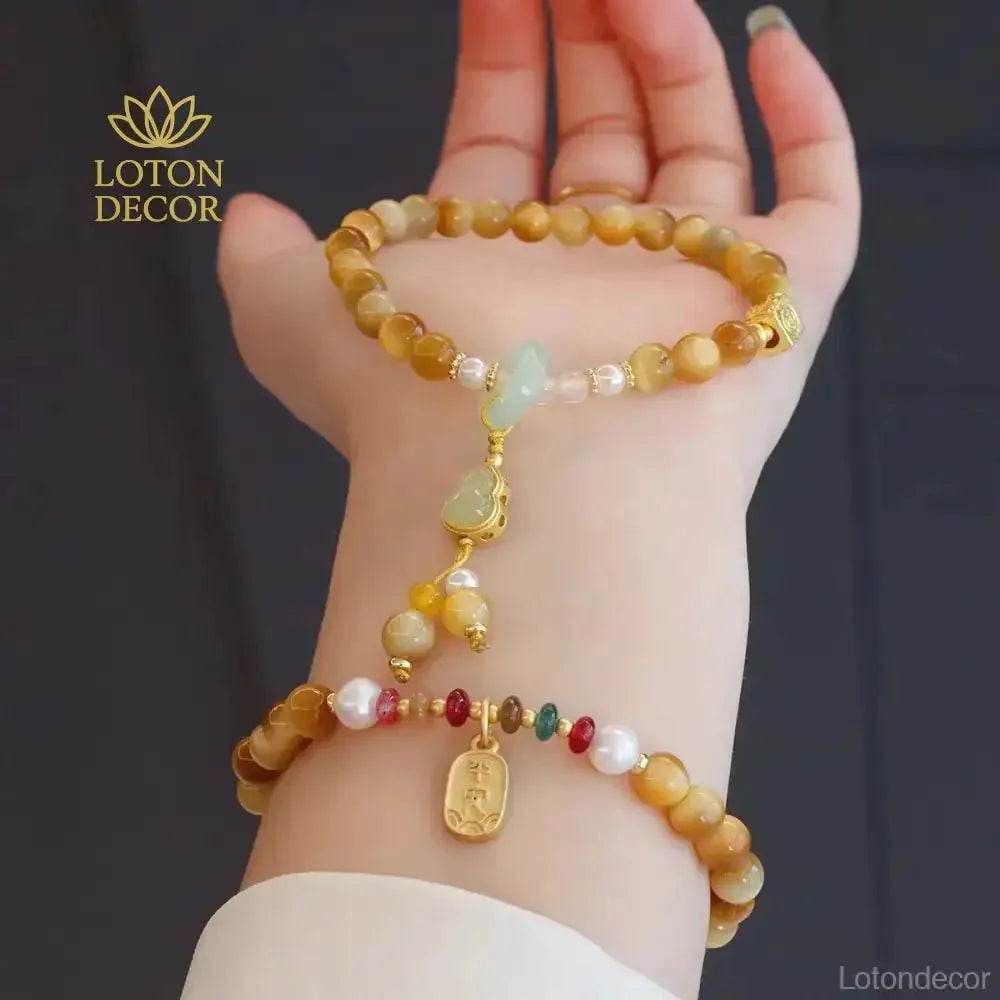Golden Tiger Eye Stone Bracelet Jade Gourd Wu Lou Calabash Charm Bracelet 6MM Vacation Feng Shui Amulet - Loton Decor