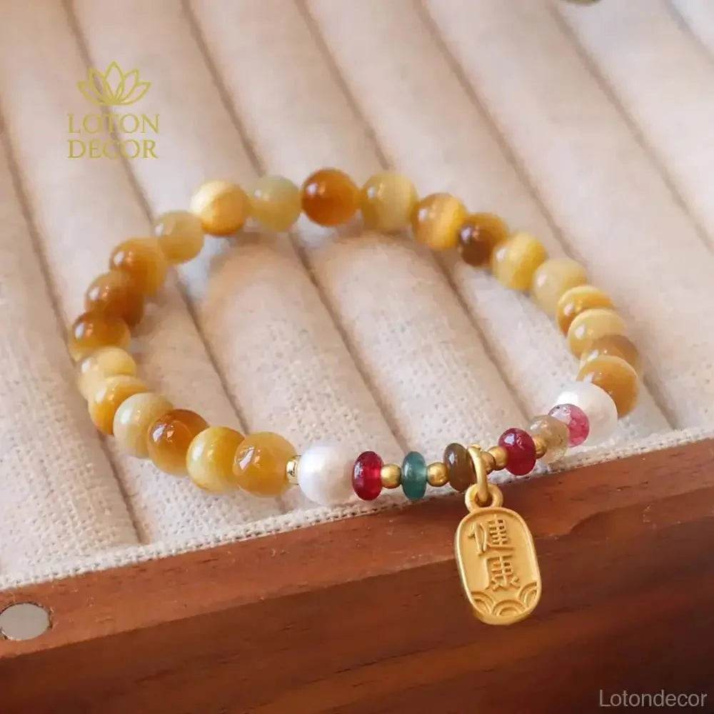 Golden Tiger Eye Stone Bracelet Jade Gourd Wu Lou Calabash Charm Bracelet 6MM Vacation Feng Shui Amulet - Loton Decor