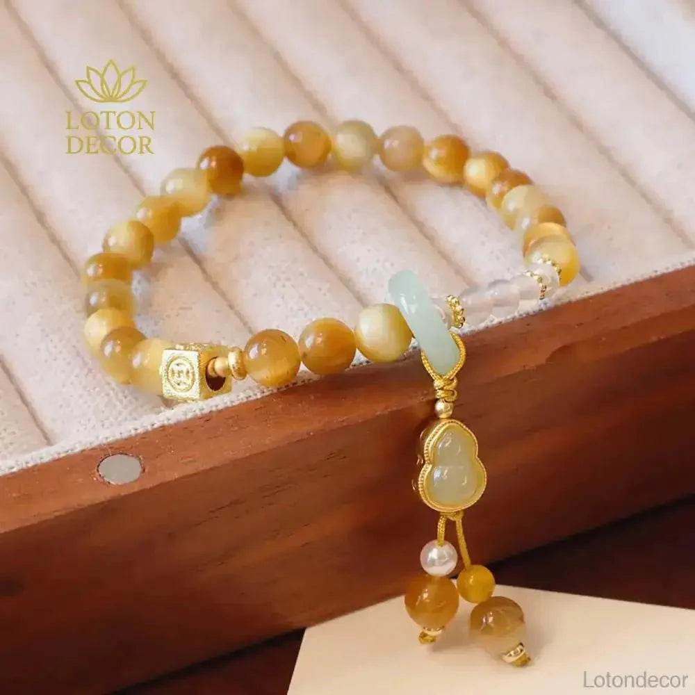 Golden Tiger Eye Stone Bracelet Jade Gourd Wu Lou Calabash Charm Bracelet 6MM Vacation Feng Shui Amulet - Loton Decor