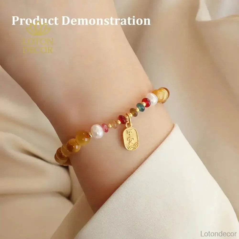 Golden Tiger Eye Stone Bracelet Jade Gourd Wu Lou Calabash Charm Bracelet 6MM Vacation Feng Shui Amulet - Loton Decor