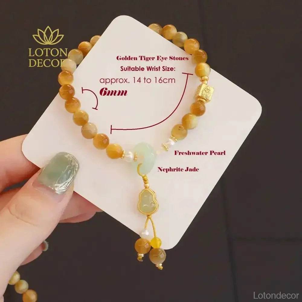 Golden Tiger Eye Stone Bracelet Jade Gourd Wu Lou Calabash Charm Bracelet 6MM Vacation Feng Shui Amulet - Loton Decor