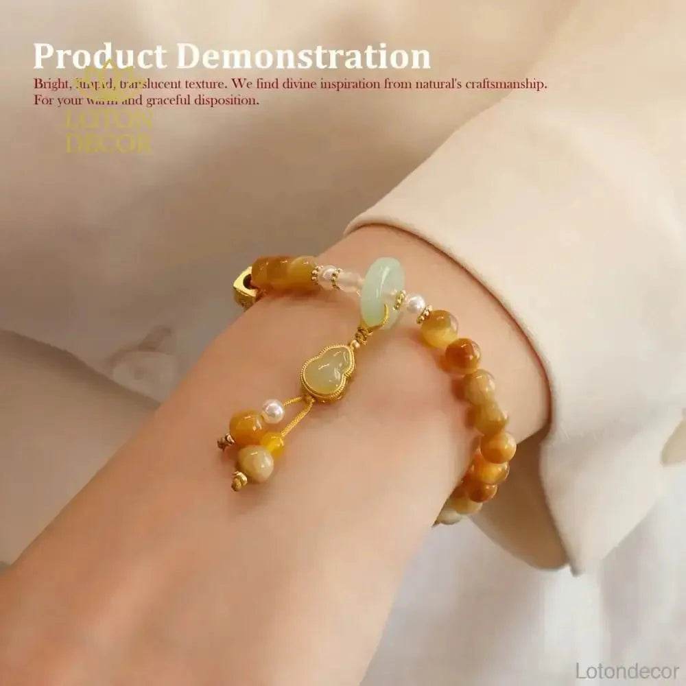 Golden Tiger Eye Stone Bracelet Jade Gourd Wu Lou Calabash Charm Bracelet 6MM Vacation Feng Shui Amulet - Loton Decor