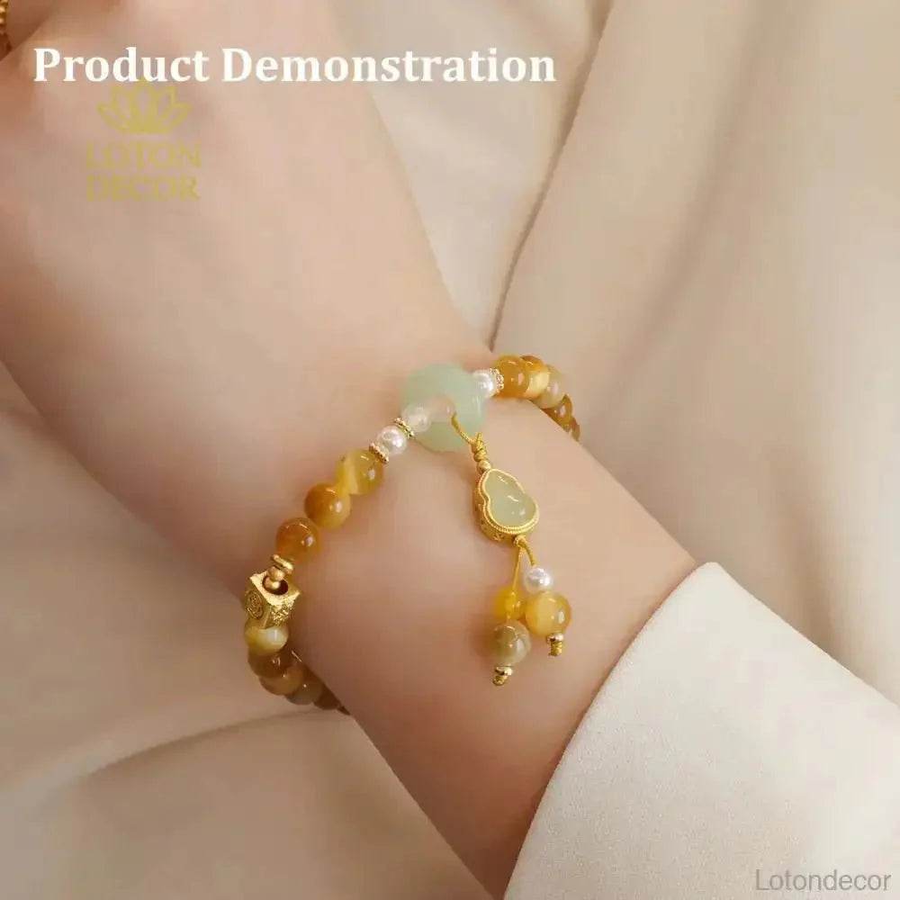 Golden Tiger Eye Stone Bracelet Jade Gourd Wu Lou Calabash Charm Bracelet 6MM Vacation Feng Shui Amulet - Loton Decor