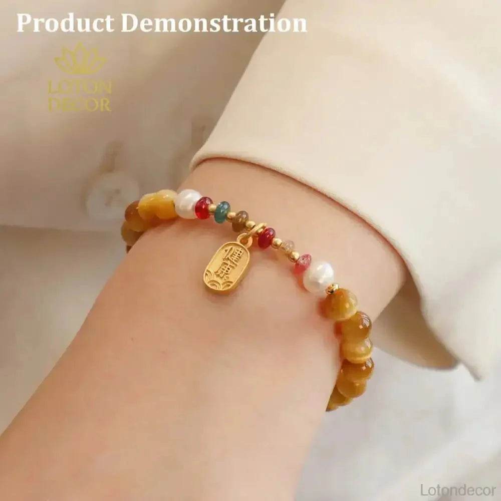 Golden Tiger Eye Stone Bracelet Jade Gourd Wu Lou Calabash Charm Bracelet 6MM Vacation Feng Shui Amulet - Loton Decor