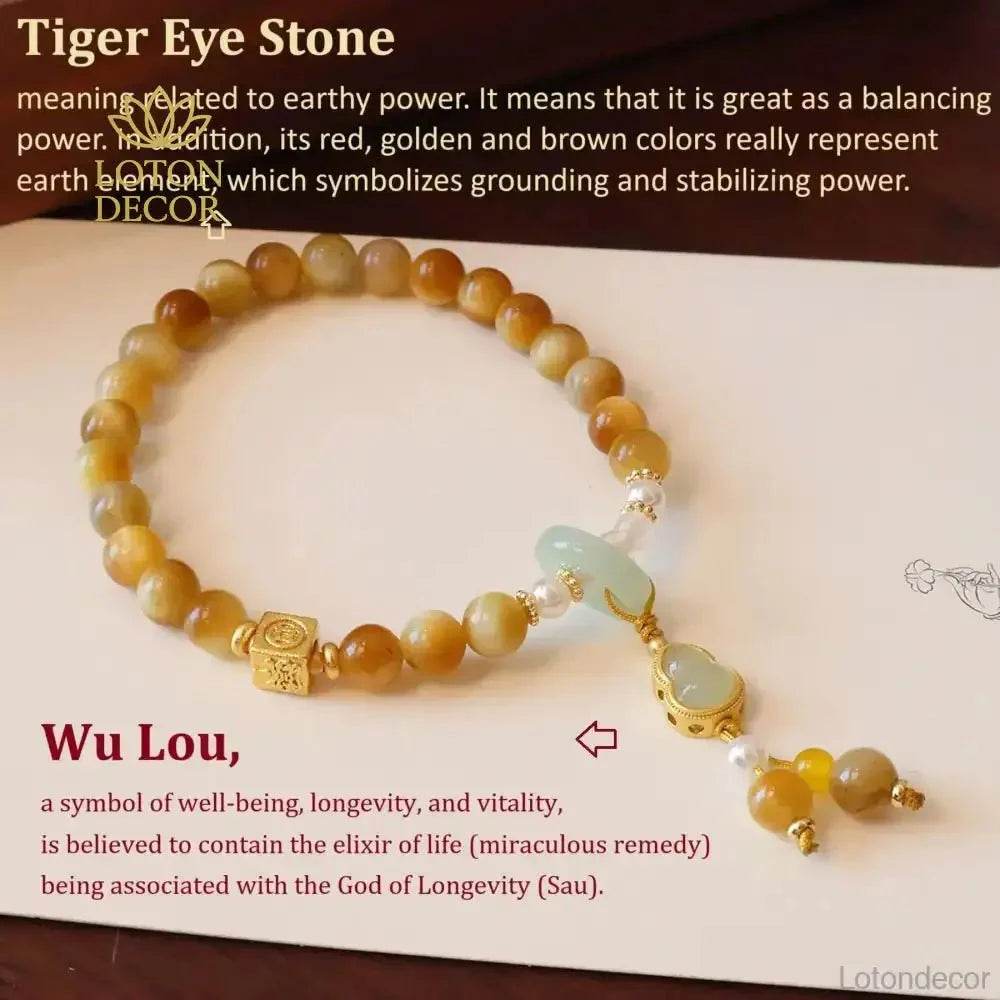 Golden Tiger Eye Stone Bracelet Jade Gourd Wu Lou Calabash Charm Bracelet 6MM Vacation Feng Shui Amulet - Loton Decor