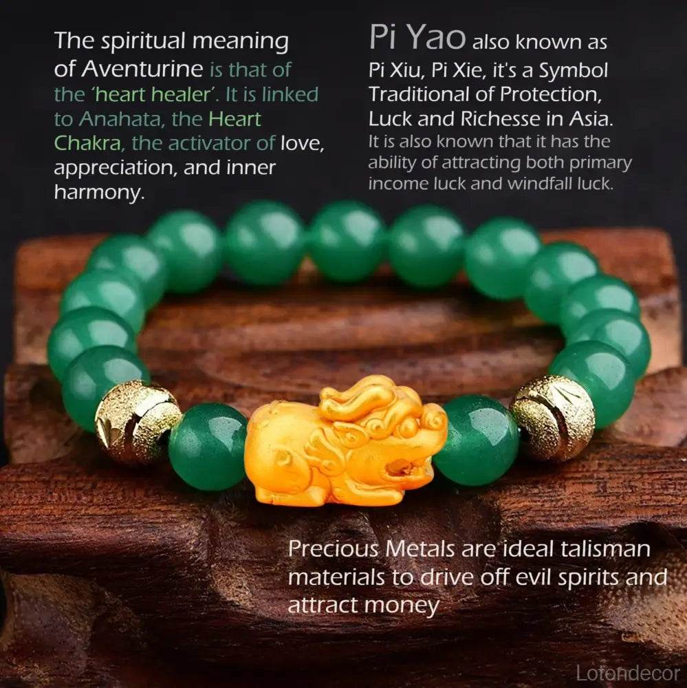 Green Aventurine Golden Pi Xiu Bracelet Chakra Balance Gem Feng Shui Wealth Crystal Bracelet Prosperity - Loton Decor