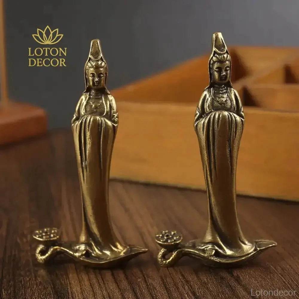 Guan Yin Stick Incense Holder Elegant Kwan Yin Brass Buddha Statue for Tranquility Love Peace - Loton Decor