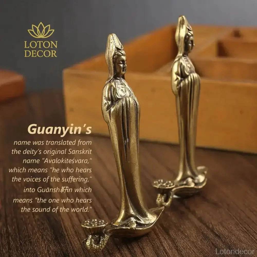 Guan Yin Stick Incense Holder Elegant Kwan Yin Brass Buddha Statue for Tranquility Love Peace - Loton Decor