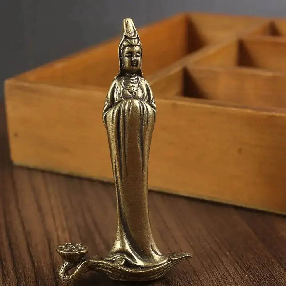 Guan Yin Stick Incense Holder Elegant Kwan Yin Brass Buddha Statue for Tranquility Love Peace - Loton Decor