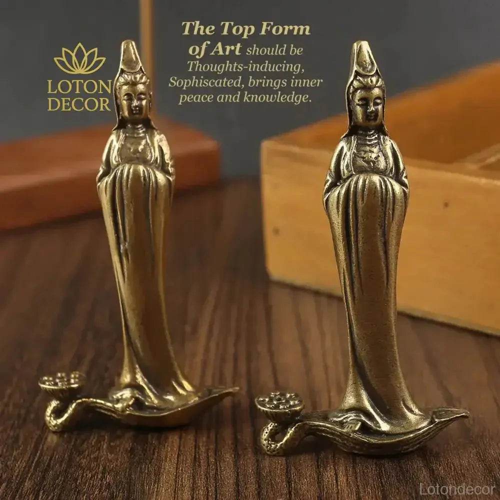 Guan Yin Stick Incense Holder Elegant Kwan Yin Brass Buddha Statue for Tranquility Love Peace - Loton Decor