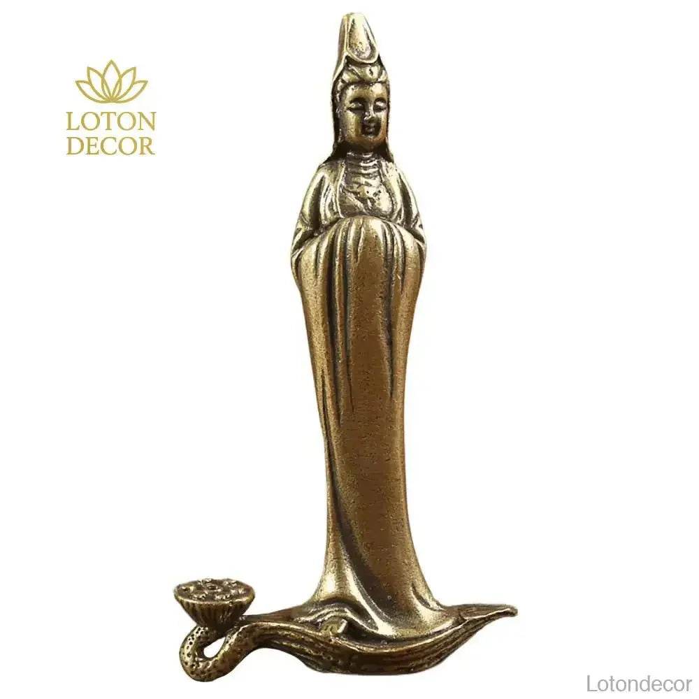 Guan Yin Stick Incense Holder Elegant Kwan Yin Brass Buddha Statue for Tranquility Love Peace - Loton Decor