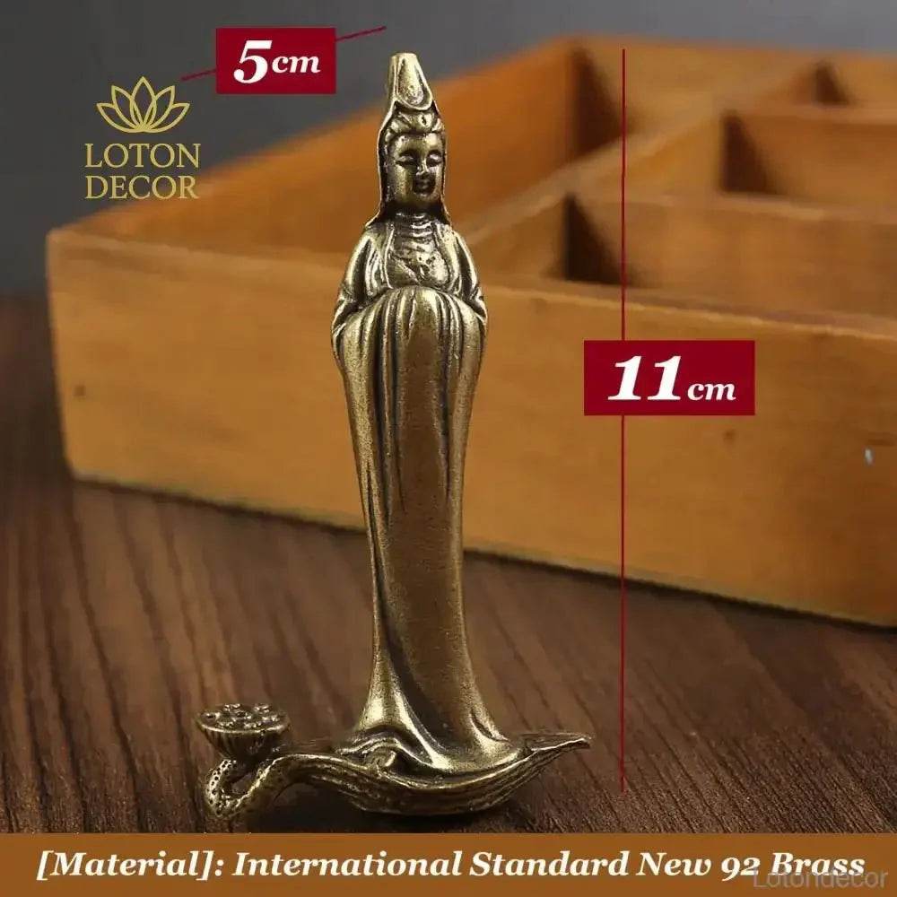 Guan Yin Stick Incense Holder Elegant Kwan Yin Brass Buddha Statue for Tranquility Love Peace - Loton Decor