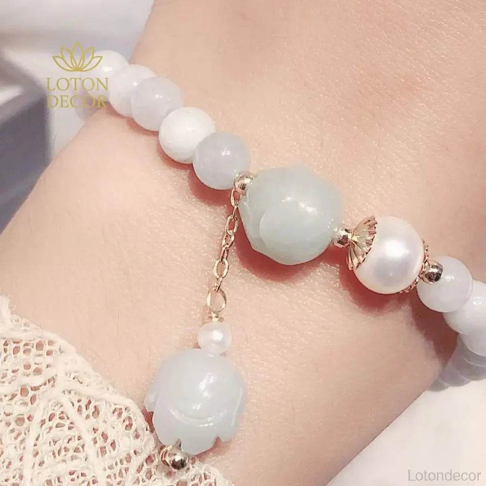 Hetian Jade Lotus Bracelet – Carved Lotus Wealth Charm - Loton Decor