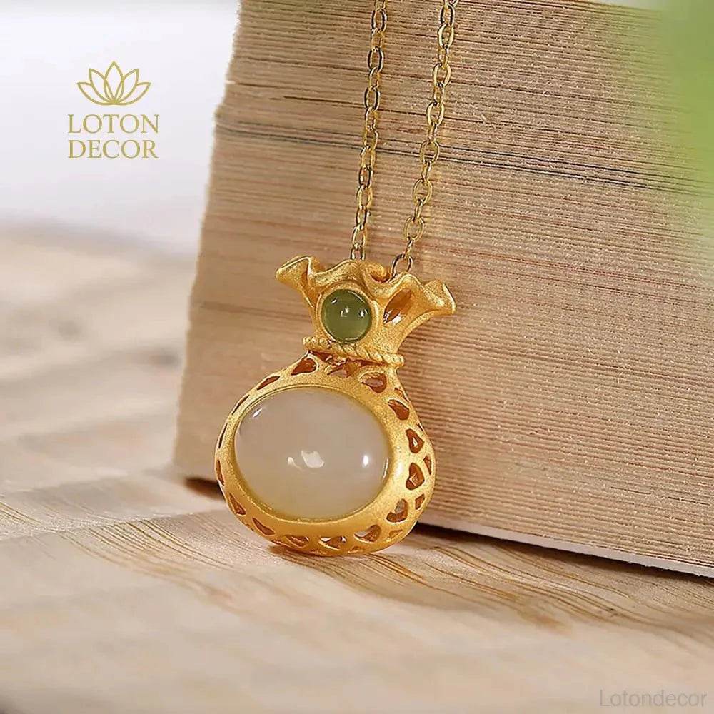 Hetian Jade Money Bag Necklace – Gold Chain Wealth Charm - Loton Decor