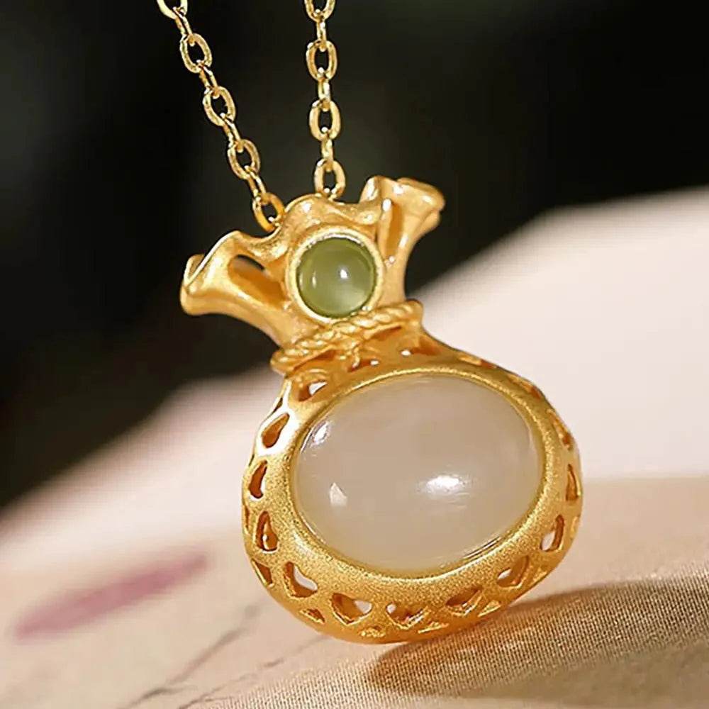 Hetian Jade Money Bag Necklace – Gold Chain Wealth Charm - Loton Decor