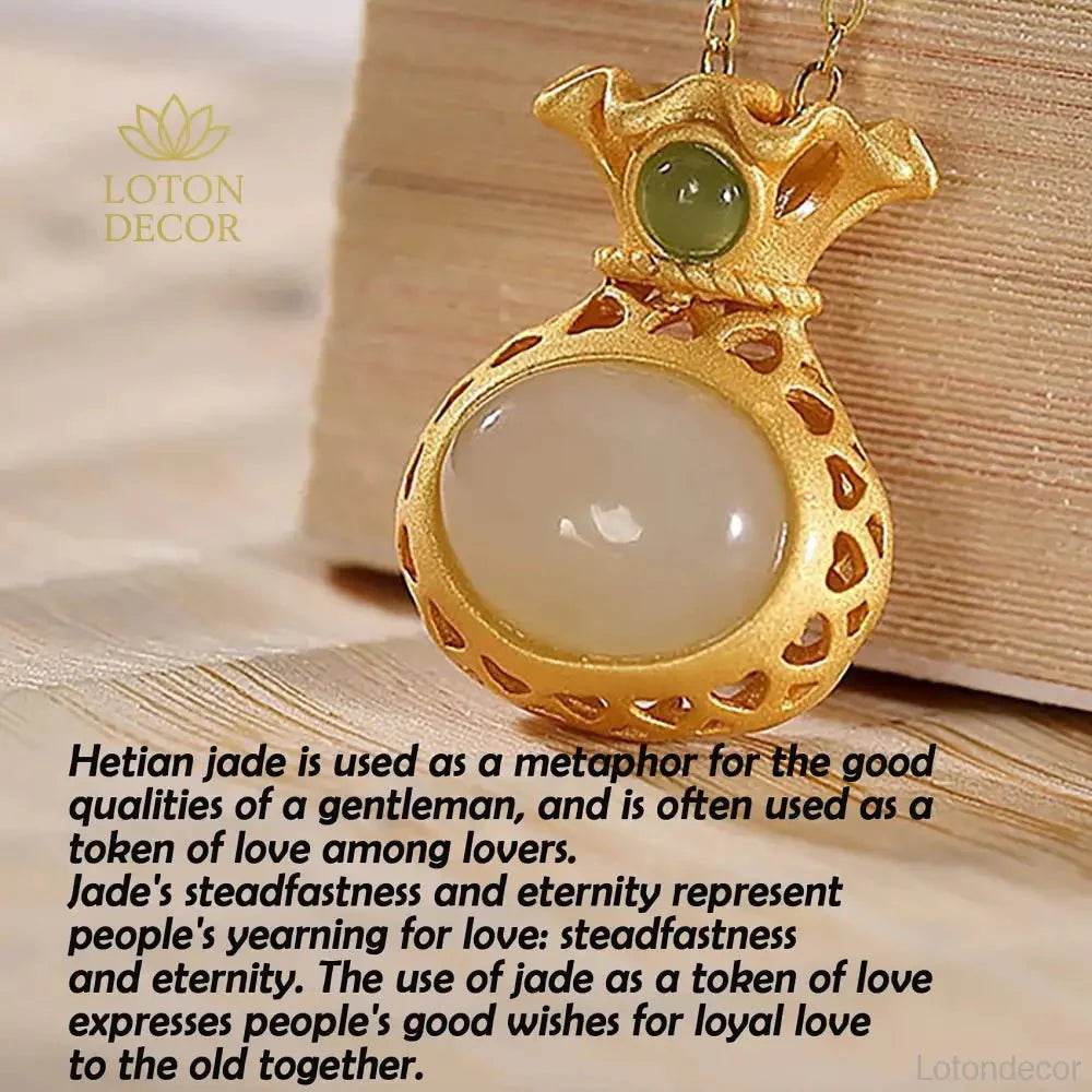 Hetian Jade Money Bag Necklace – Gold Chain Wealth Charm - Loton Decor