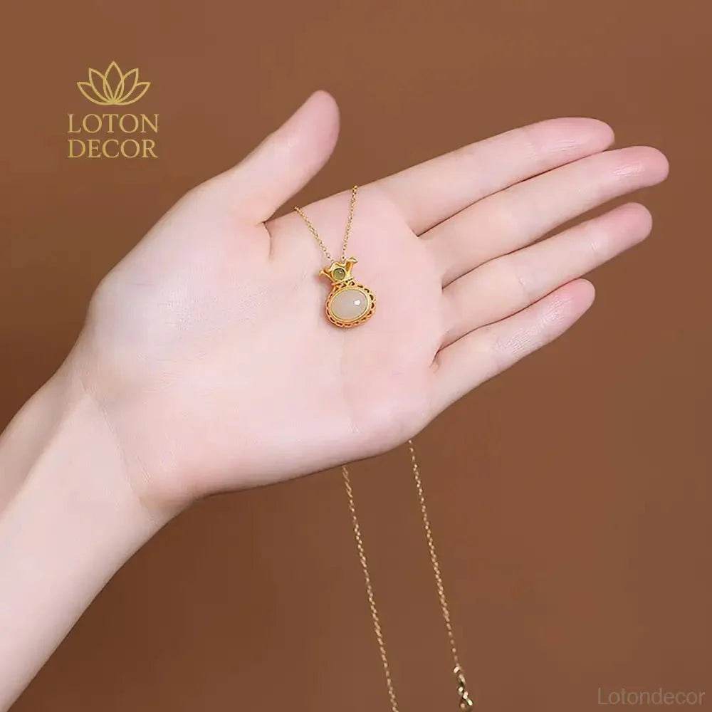 Hetian Jade Money Bag Necklace – Gold Chain Wealth Charm - Loton Decor