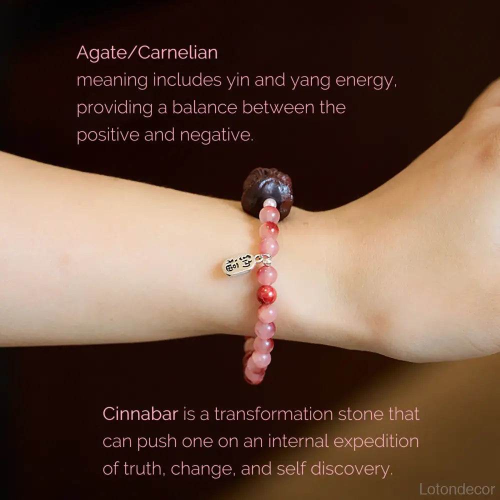 Imperial Cinnabar Agate Bracelet Wood Lion Feng Shui Wealth Crystal Bracelet Strong Talisman for Protection Prosperity - Loton Decor