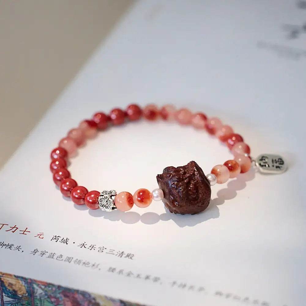 Imperial Cinnabar Agate Bracelet Wood Lion Feng Shui Wealth Crystal Bracelet Strong Talisman for Protection Prosperity - Loton Decor