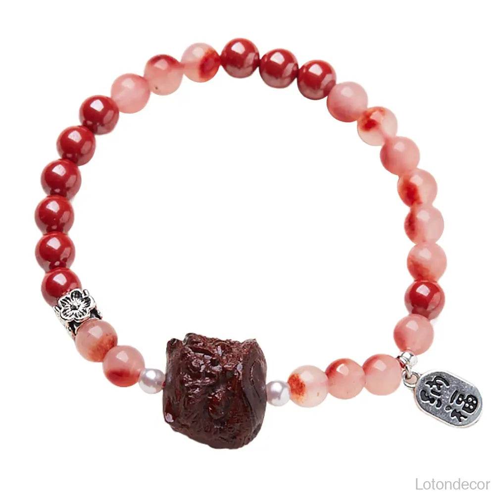 Imperial Cinnabar Agate Bracelet Wood Lion Feng Shui Wealth Crystal Bracelet Strong Talisman for Protection Prosperity - Loton Decor