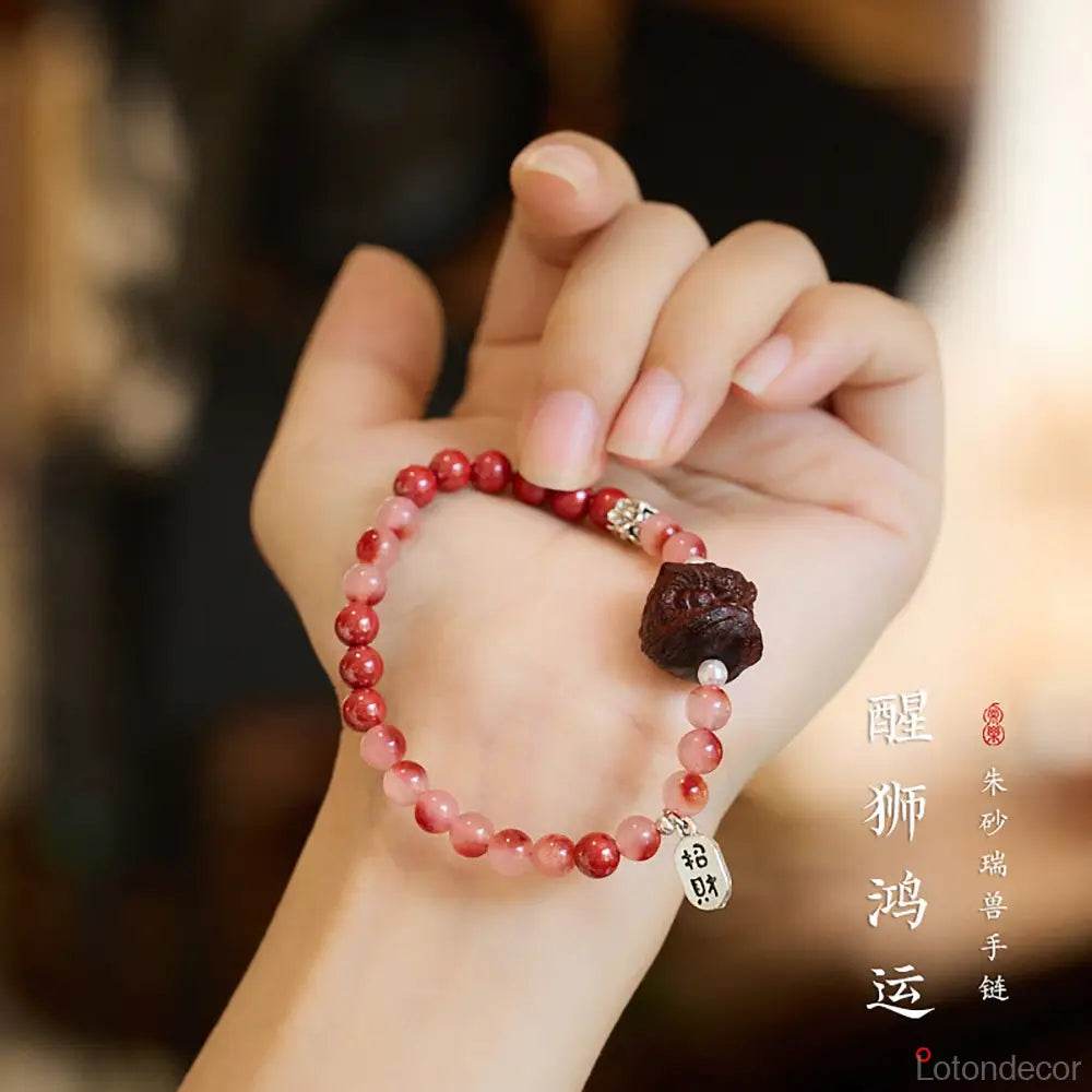 Imperial Cinnabar Agate Bracelet Wood Lion Feng Shui Wealth Crystal Bracelet Strong Talisman for Protection Prosperity - Loton Decor