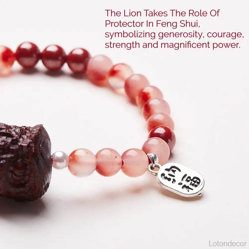 Imperial Cinnabar Agate Bracelet Wood Lion Feng Shui Wealth Crystal Bracelet Strong Talisman for Protection Prosperity - Loton Decor