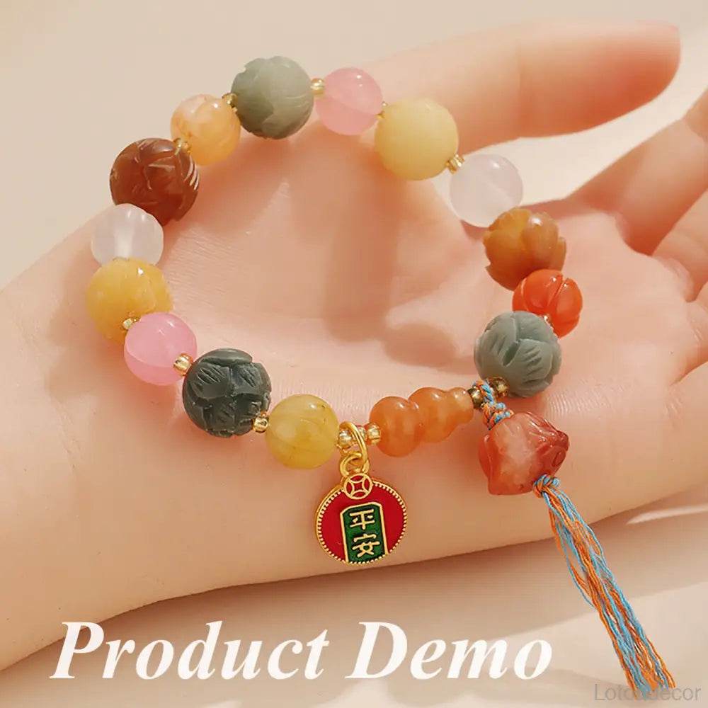 Imperial Yellow Jade Lotus Blossom Bracelet Feng Shui Wealth Money Bag Longevity Wu Lou Crystal Bracelet - Loton Decor
