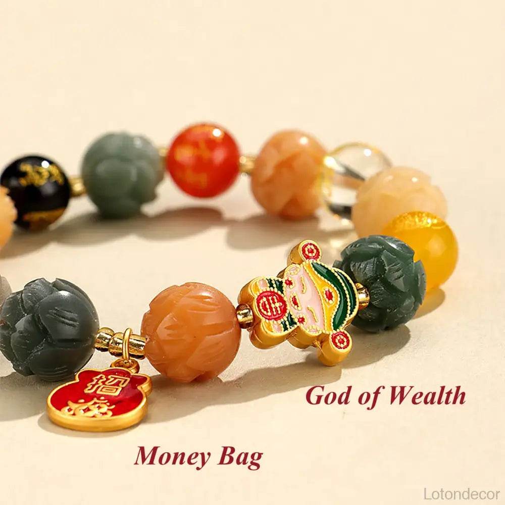 Imperial Yellow Jade Lotus Blossom Bracelet Feng Shui Wealth Money Bag Longevity Wu Lou Crystal Bracelet - Loton Decor