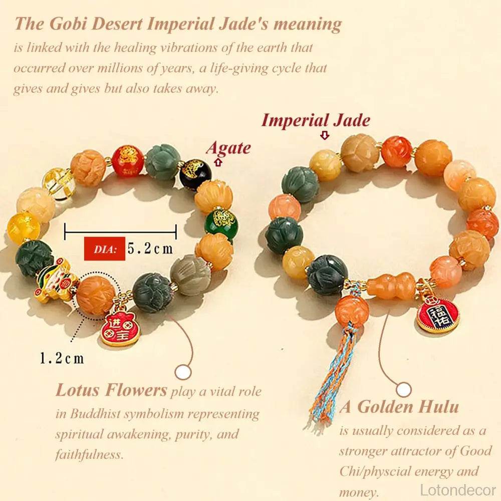 Imperial Yellow Jade Lotus Blossom Bracelet Feng Shui Wealth Money Bag Longevity Wu Lou Crystal Bracelet - Loton Decor