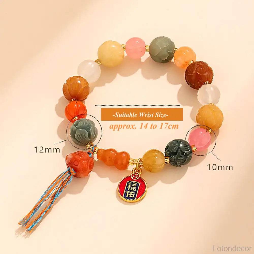 Imperial Yellow Jade Lotus Blossom Bracelet Feng Shui Wealth Money Bag Longevity Wu Lou Crystal Bracelet - Loton Decor