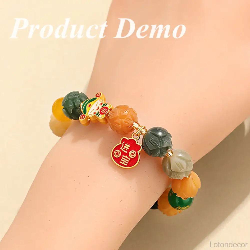 Imperial Yellow Jade Lotus Blossom Bracelet Feng Shui Wealth Money Bag Longevity Wu Lou Crystal Bracelet - Loton Decor