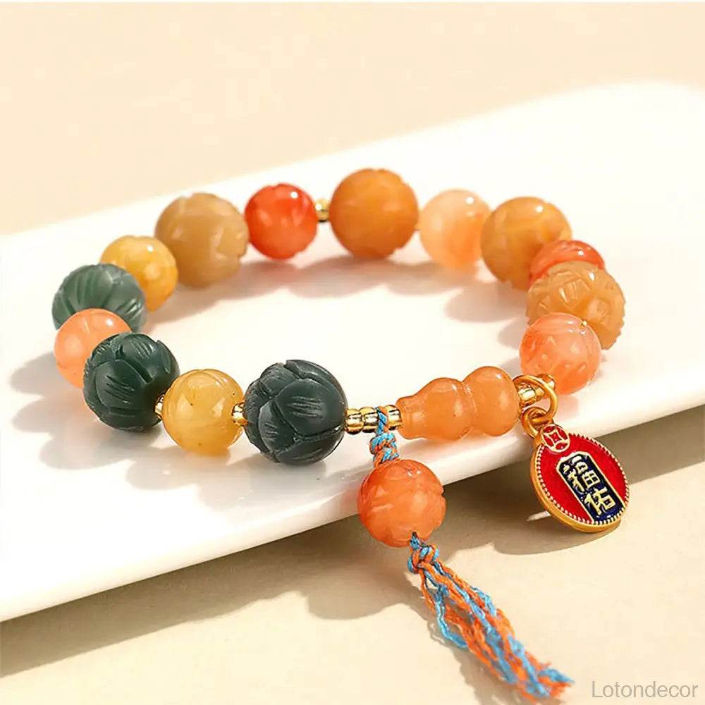 Imperial Yellow Jade Lotus Blossom Bracelet Feng Shui Wealth Money Bag Longevity Wu Lou Crystal Bracelet - Loton Decor