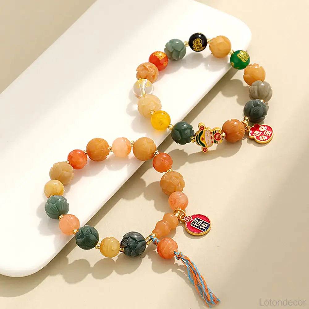 Imperial Yellow Jade Lotus Blossom Bracelet Feng Shui Wealth Money Bag Longevity Wu Lou Crystal Bracelet - Loton Decor