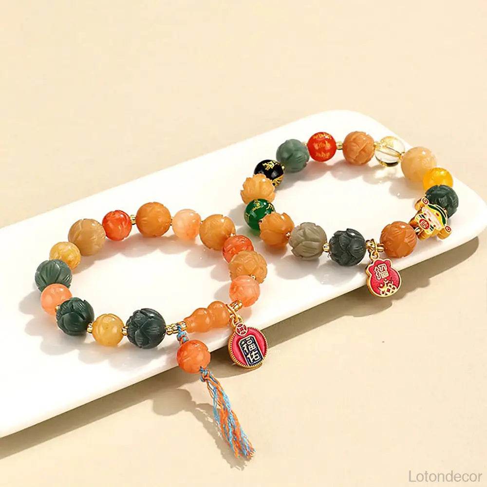 Imperial Yellow Jade Lotus Blossom Bracelet Feng Shui Wealth Money Bag Longevity Wu Lou Crystal Bracelet - Loton Decor