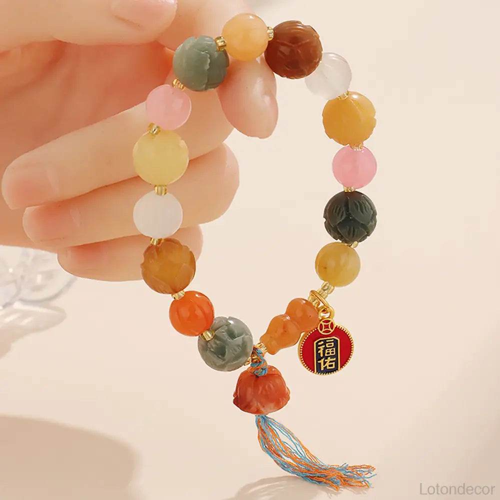 Imperial Yellow Jade Lotus Blossom Bracelet Feng Shui Wealth Money Bag Longevity Wu Lou Crystal Bracelet - Loton Decor