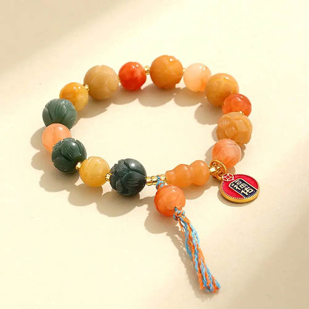 Imperial Yellow Jade Lotus Blossom Bracelet Feng Shui Wealth Money Bag Longevity Wu Lou Crystal Bracelet - Loton Decor