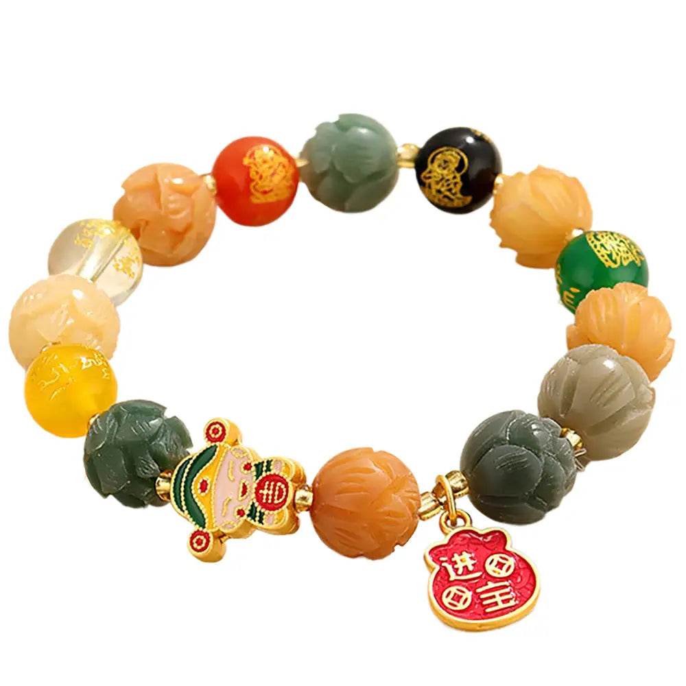 Imperial Yellow Jade Lotus Blossom Bracelet Feng Shui Wealth Money Bag Longevity Wu Lou Crystal Bracelet - Loton Decor
