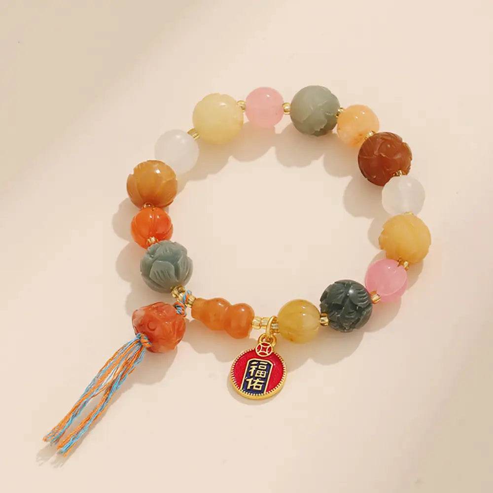 Imperial Yellow Jade Lotus Blossom Bracelet Feng Shui Wealth Money Bag Longevity Wu Lou Crystal Bracelet - Loton Decor