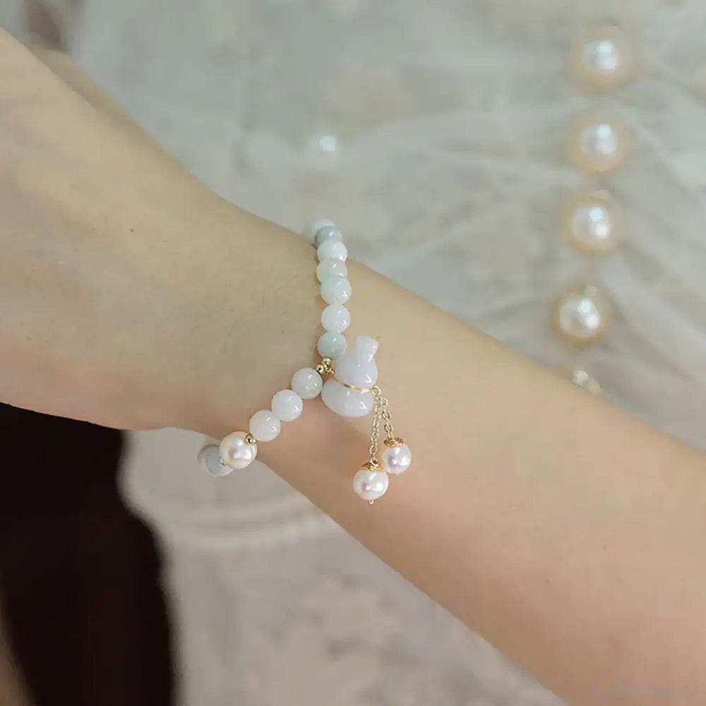 Jade Bracelet Longevity Wu Lou Gourd Feng Shui Wealth Crystal Bracelet Pearls Amulet for Money - Loton Decor