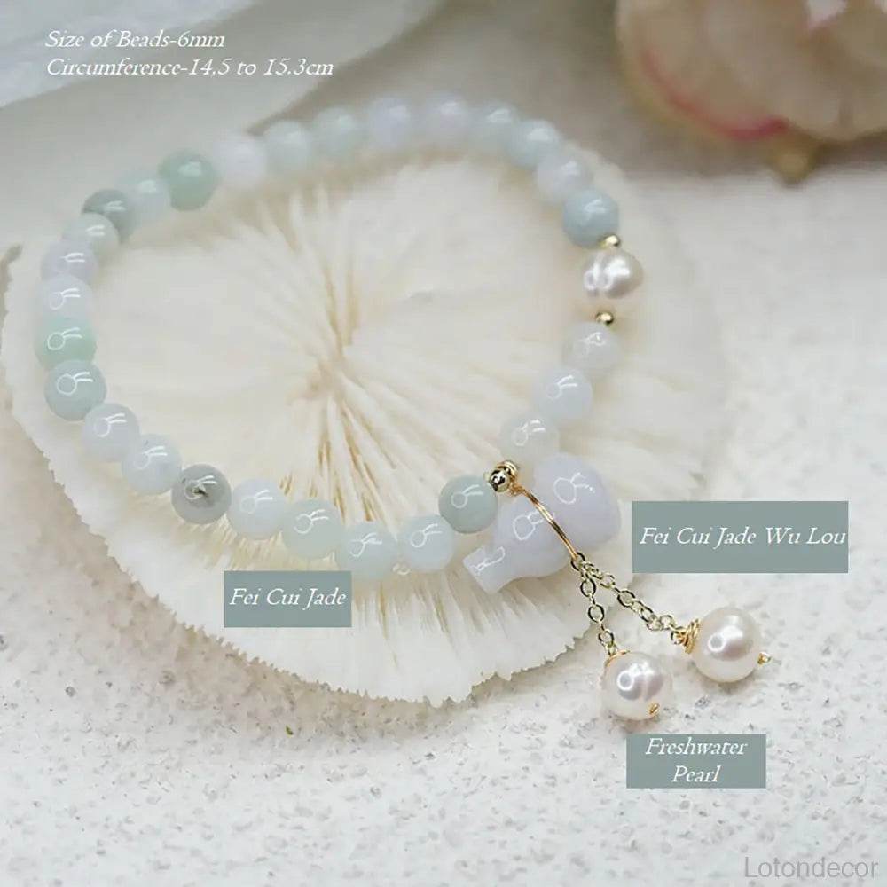 Jade Bracelet Longevity Wu Lou Gourd Feng Shui Wealth Crystal Bracelet Pearls Amulet for Money - Loton Decor