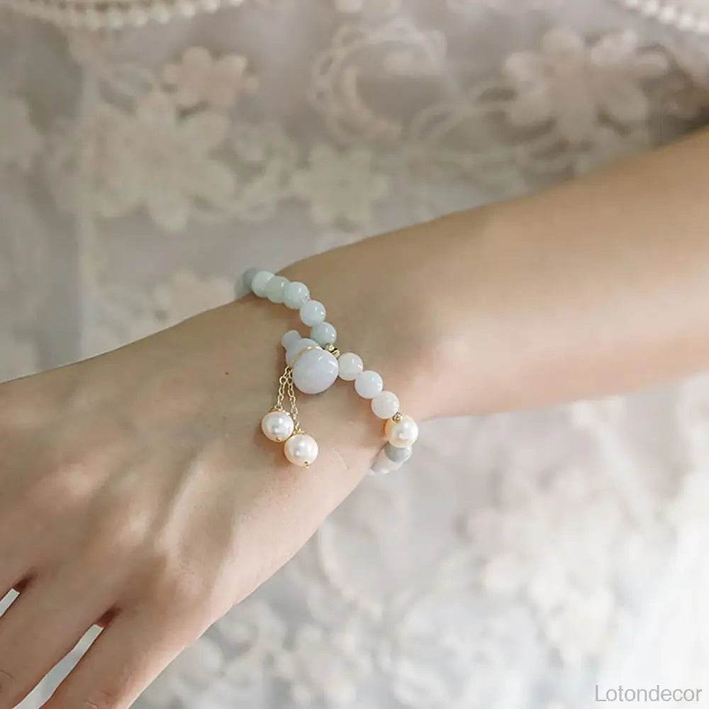 Jade Bracelet Longevity Wu Lou Gourd Feng Shui Wealth Crystal Bracelet Pearls Amulet for Money - Loton Decor